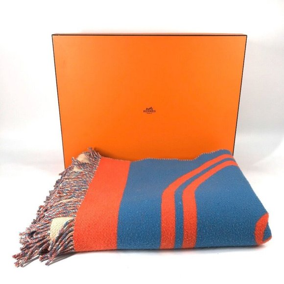Auth HERMES Brides de Gala Plaid blanket interior fringe blanket Orange/blue - Picture 1 of 14